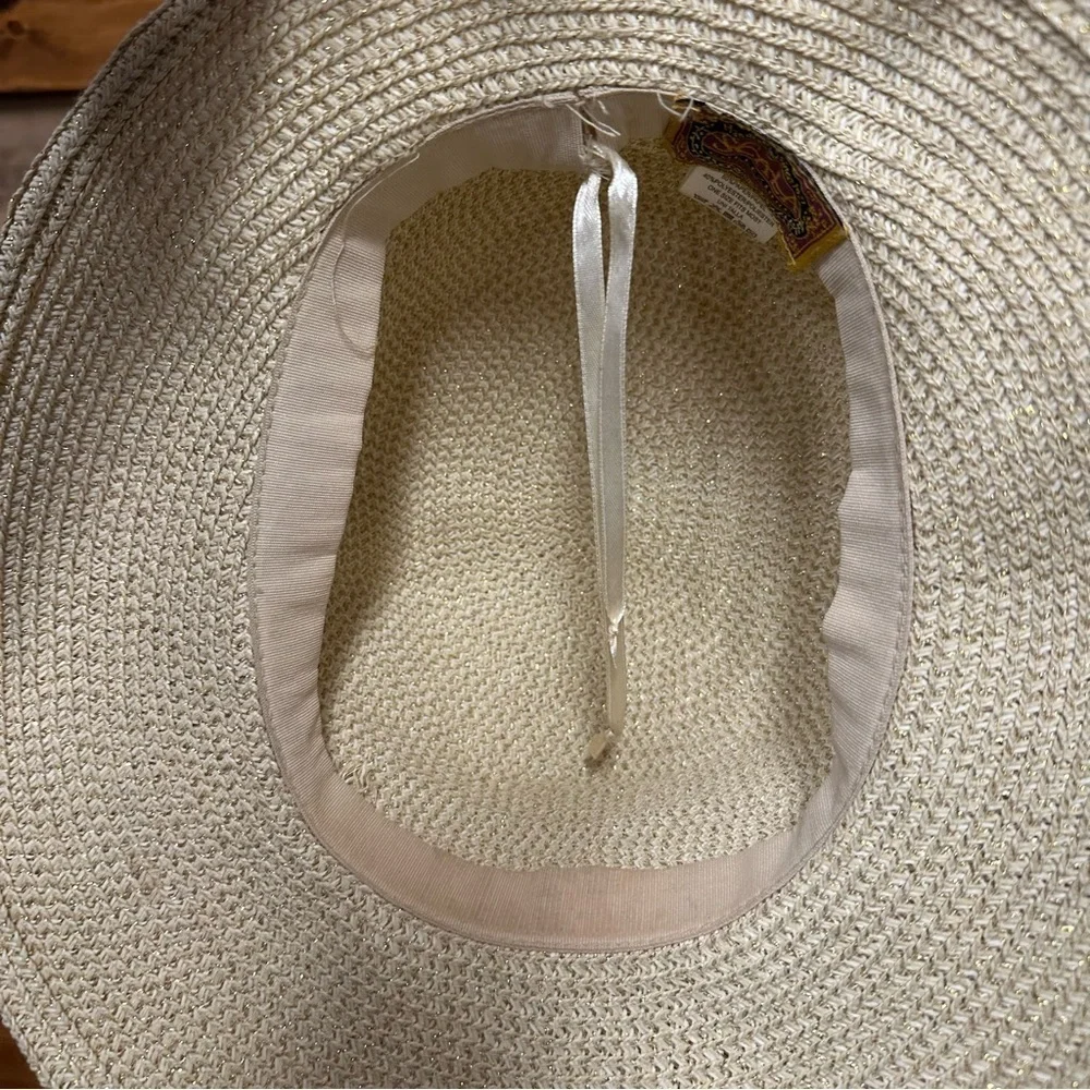 Scala women’s handwoven sun hat gold thread with a buckle trim